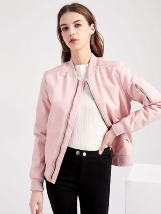 Bomber Veste Rose Décontracté Baseball Couleur Unie Col Montant Fermeture Éclair Printemps Automne Rue Vêtements D'extérieur Pour Les Femmes