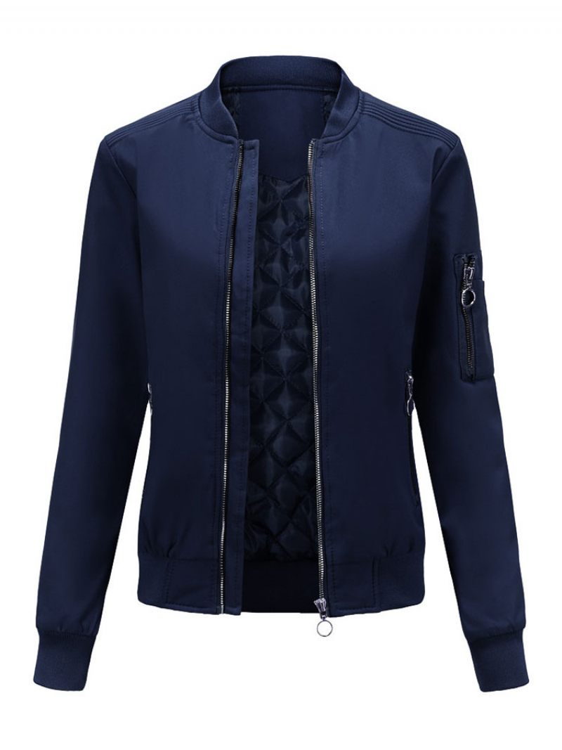 Bomber Veste Rose Décontracté Baseball Couleur Unie Col Montant Fermeture Éclair Printemps Automne Rue Vêtements D'extérieur Pour Les Femmes - Marine Foncé