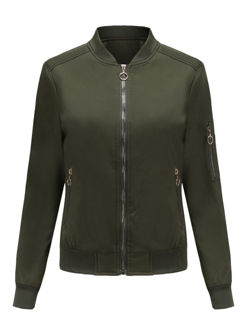 Bomber Veste Rose Décontracté Baseball Couleur Unie Col Montant Fermeture Éclair Printemps Automne Rue Vêtements D'extérieur Pour Les Femmes - Vert Chasseur