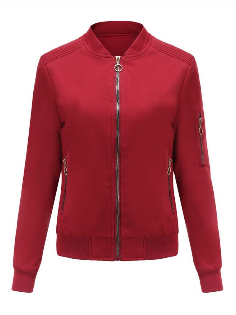 Bomber Veste Rose Décontracté Baseball Couleur Unie Col Montant Fermeture Éclair Printemps Automne Rue Vêtements D'extérieur Pour Les Femmes - Rouge