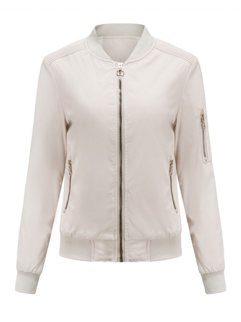 Bomber Veste Rose Décontracté Baseball Couleur Unie Col Montant Fermeture Éclair Printemps Automne Rue Vêtements D'extérieur Pour Les Femmes - Beige