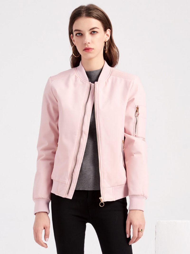 Bomber Veste Rose Décontracté Baseball Couleur Unie Col Montant Fermeture Éclair Printemps Automne Rue Vêtements D'extérieur Pour Les Femmes - Rose