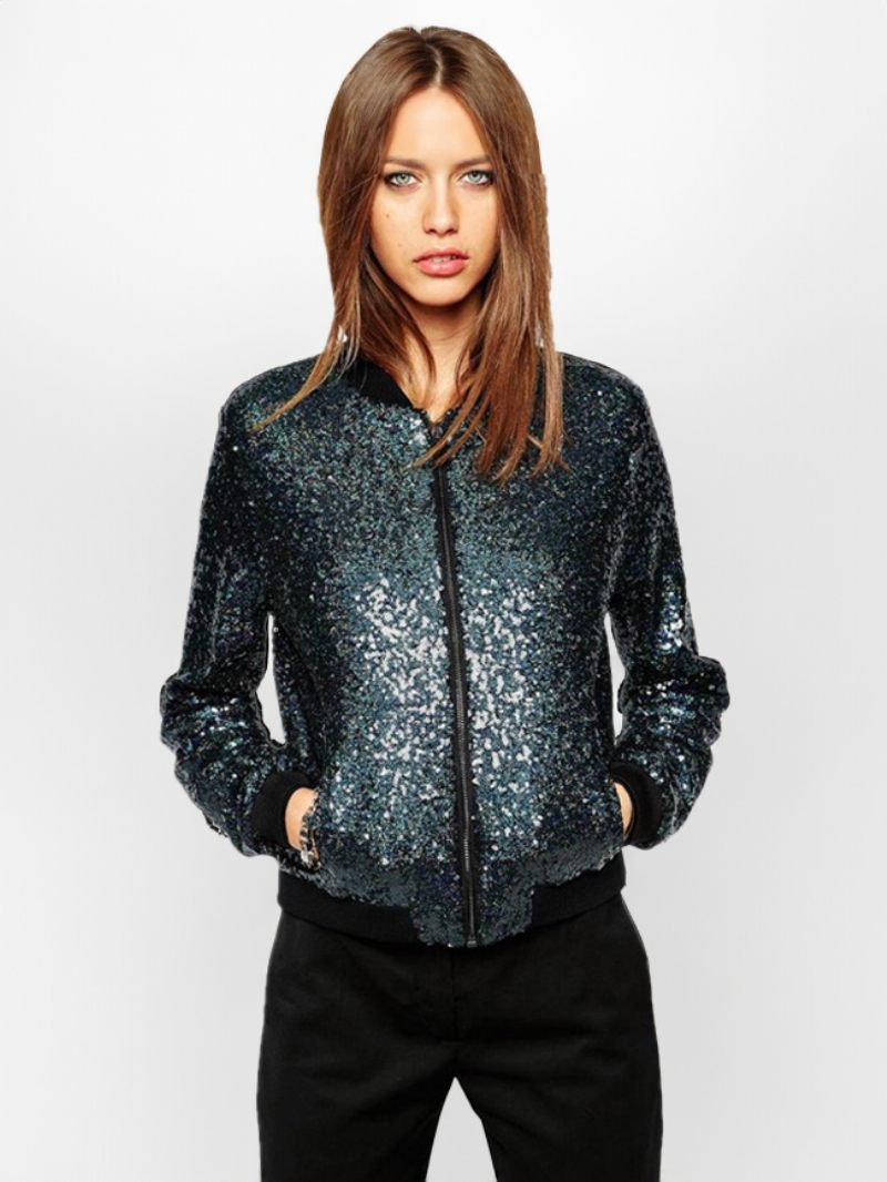 Bomber Vestes Pour Femmes Paillettes Printemps Survêtement - Vert Foncé