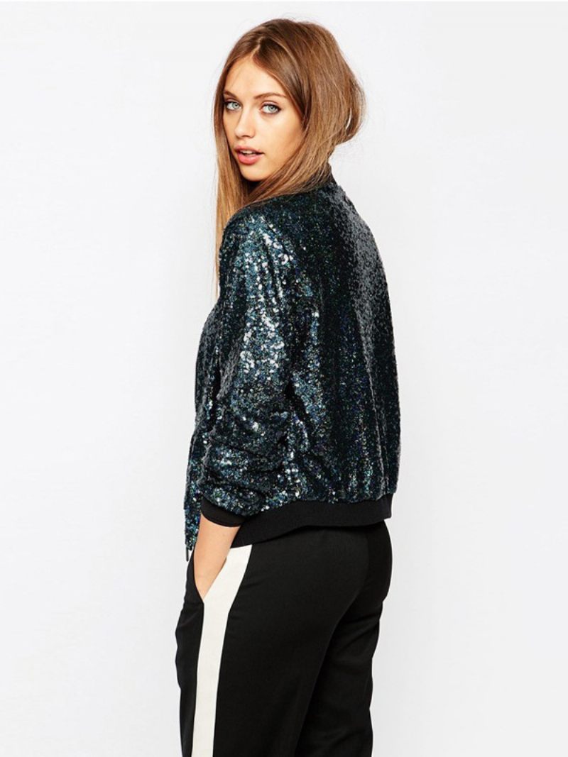 Bomber Vestes Pour Femmes Paillettes Printemps Survêtement - Vert Foncé