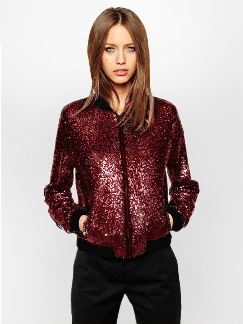 Bomber Vestes Pour Femmes Paillettes Printemps Survêtement - Bourgogne