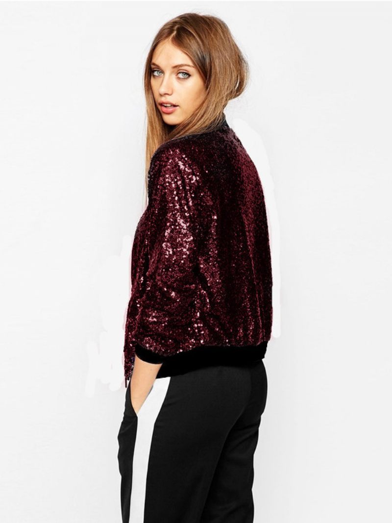 Bomber Vestes Pour Femmes Paillettes Printemps Survêtement - Bourgogne