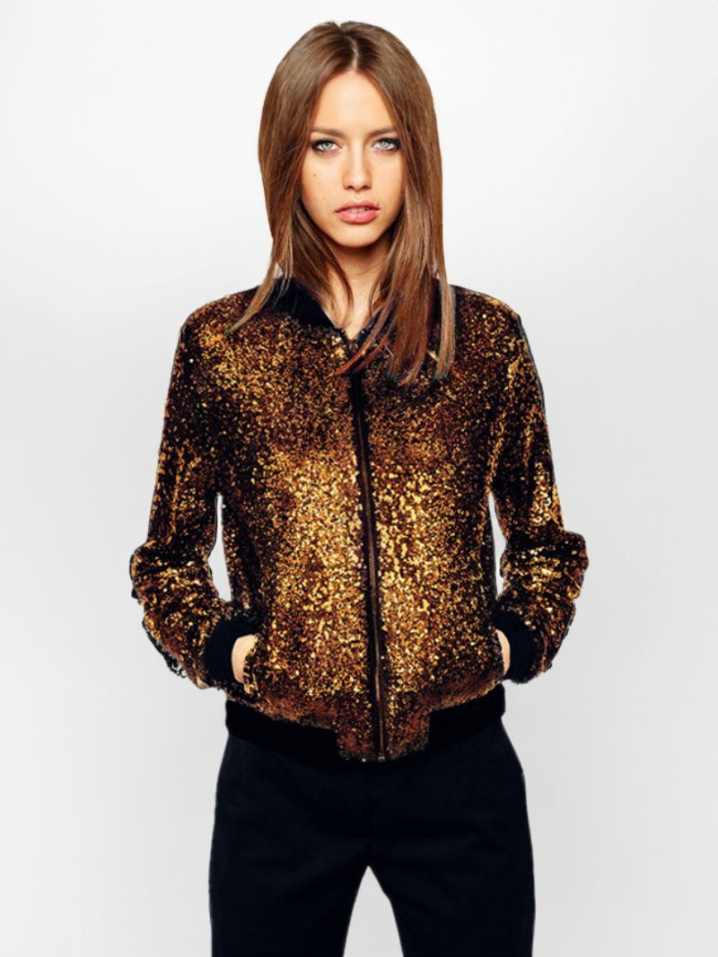 Bomber Vestes Pour Femmes Paillettes Printemps Survêtement - Or Clair