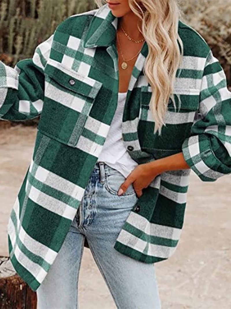 Shacket Kaki Col Rabattu Bouton Plaid Surchemise Veste Décontractée Coupe Printemps Automne Vêtements D'extérieur Pour Les Femmes - Vert