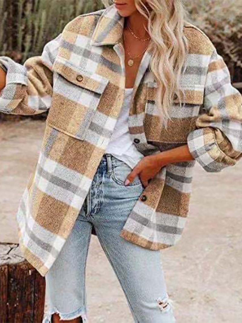 Shacket Kaki Col Rabattu Bouton Plaid Surchemise Veste Décontractée Coupe Printemps Automne Vêtements D'extérieur Pour Les Femmes - Jaune