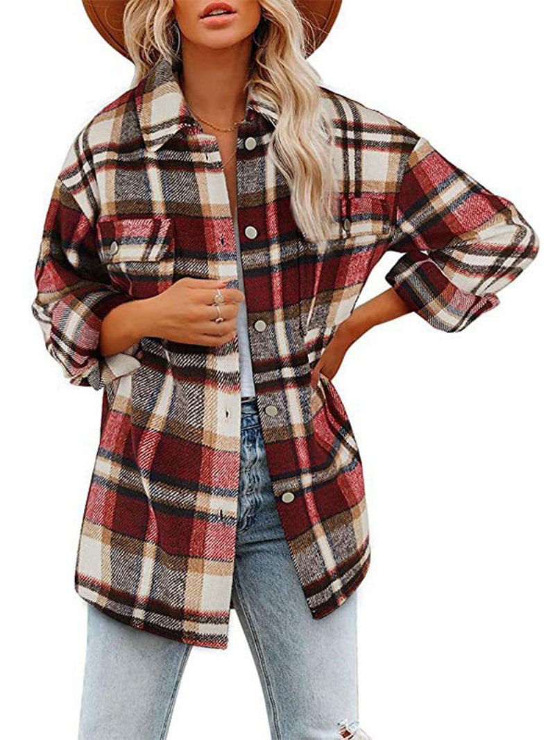 Shacket Kaki Col Rabattu Bouton Plaid Surchemise Veste Décontractée Coupe Printemps Automne Vêtements D'extérieur Pour Les Femmes - Rouge