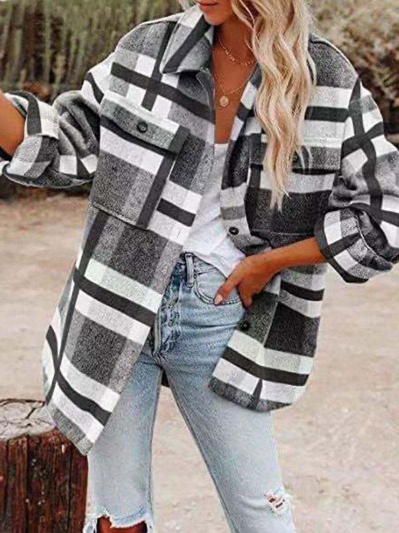 Shacket Kaki Col Rabattu Bouton Plaid Surchemise Veste Décontractée Coupe Printemps Automne Vêtements D'extérieur Pour Les Femmes - Gris