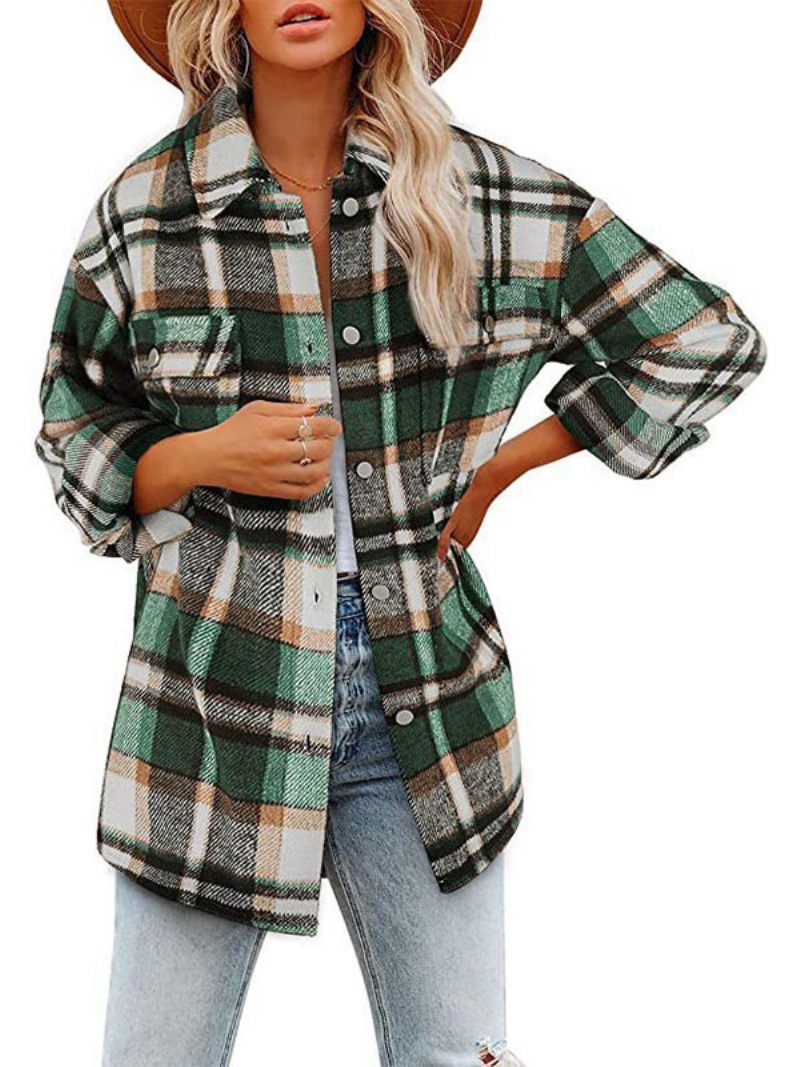 Shacket Kaki Col Rabattu Bouton Plaid Surchemise Veste Décontractée Coupe Printemps Automne Vêtements D'extérieur Pour Les Femmes - Sauge