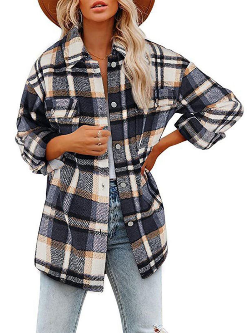 Shacket Kaki Col Rabattu Bouton Plaid Surchemise Veste Décontractée Coupe Printemps Automne Vêtements D'extérieur Pour Les Femmes - Bleu Gris