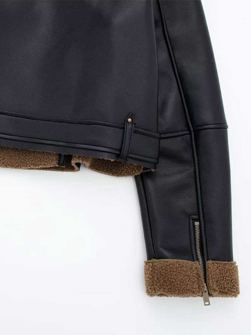 Veste Cavalier Revers À Pointe Croisée Fermeture Éclair Vestes Simili Cuir Pour Femmes - Noir