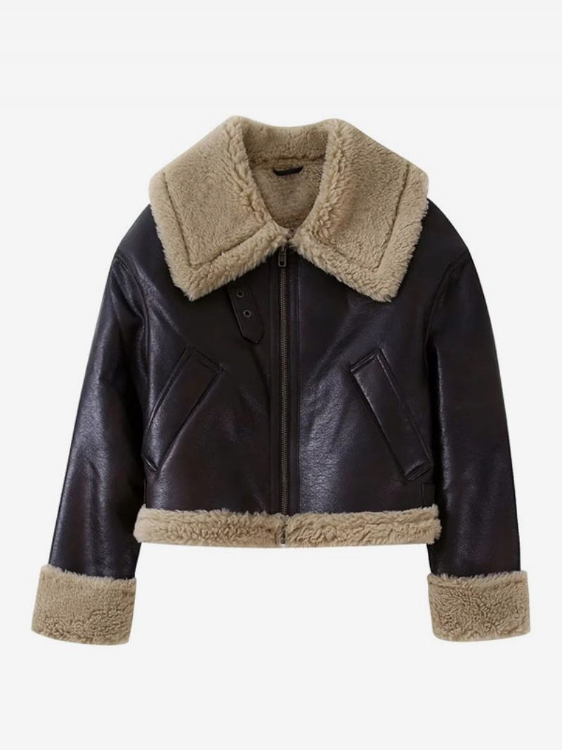 Veste Courte Double Face Cuir Pu Vêtements D'extérieur Pour Femmes Hiver 2024 - Marron Profond