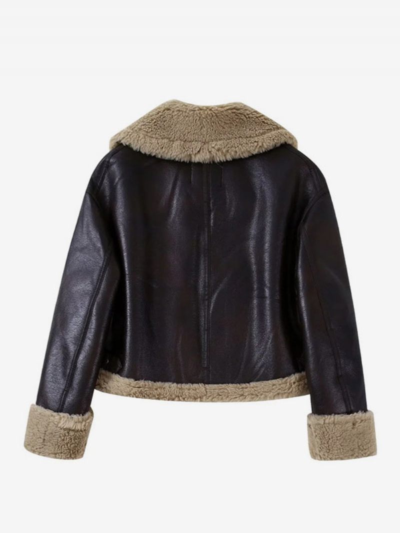 Veste Courte Double Face Cuir Pu Vêtements D'extérieur Pour Femmes Hiver 2024 - Marron Profond