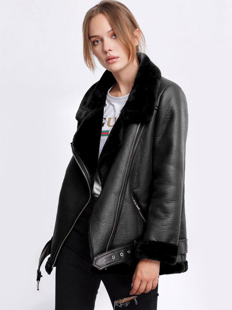 Veste Cuir Pour Femme Faux Shearling Pu Moto Vêtements D'extérieur D'hiver