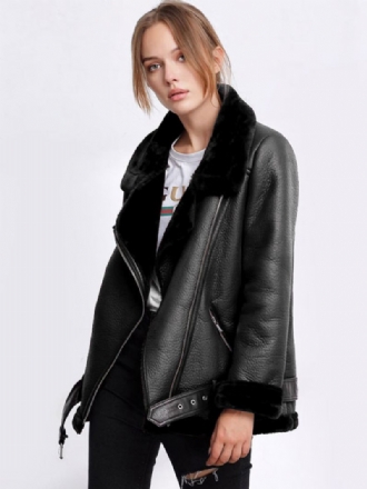 Veste Cuir Pour Femme Faux Shearling Pu Moto Vêtements D'extérieur D'hiver