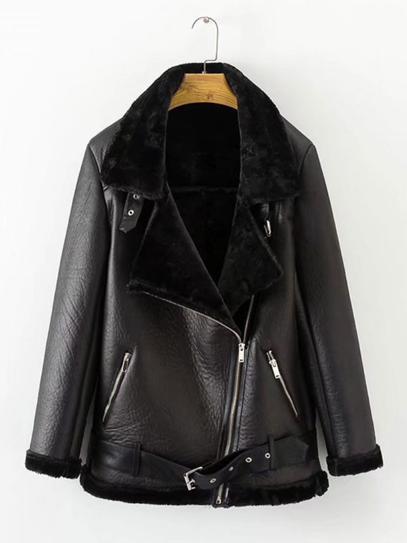 Veste Cuir Pour Femme Faux Shearling Pu Moto Vêtements D'extérieur D'hiver - Noir