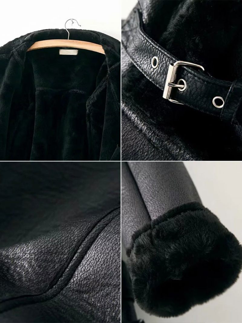 Veste Cuir Pour Femme Faux Shearling Pu Moto Vêtements D'extérieur D'hiver - Noir