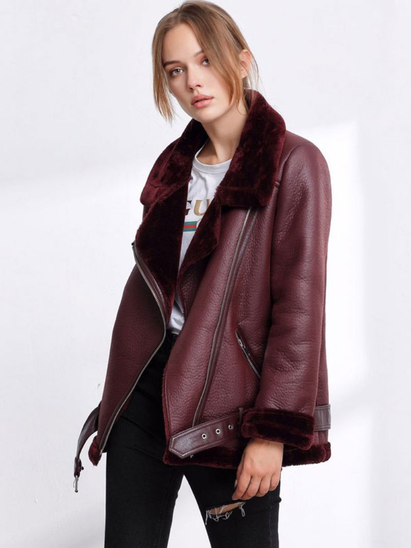 Veste Cuir Pour Femme Faux Shearling Pu Moto Vêtements D'extérieur D'hiver - Bourgogne