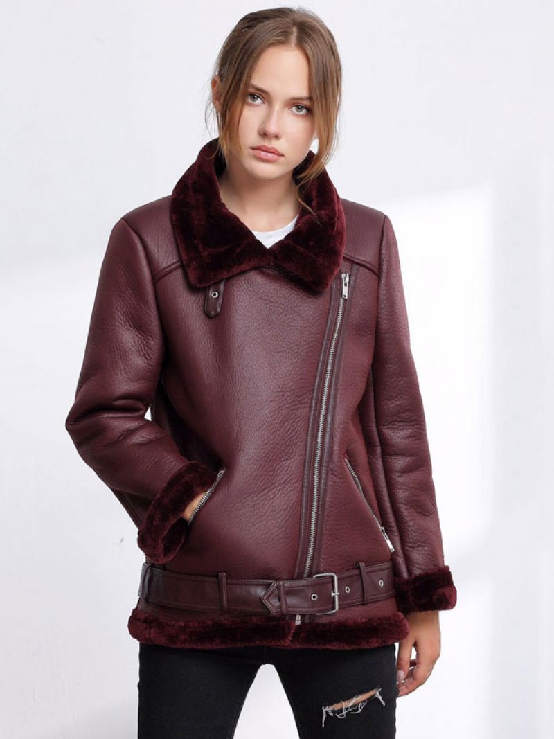 Veste Cuir Pour Femme Faux Shearling Pu Moto Vêtements D'extérieur D'hiver - Bourgogne