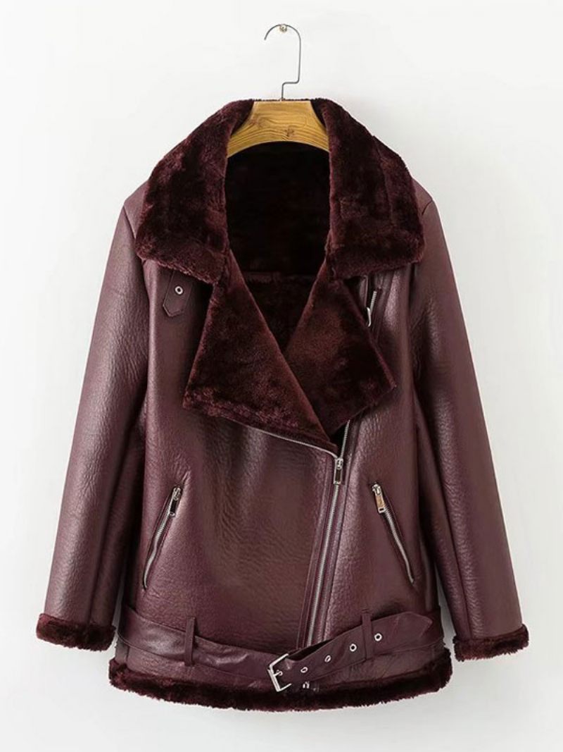 Veste Cuir Pour Femme Faux Shearling Pu Moto Vêtements D'extérieur D'hiver - Bourgogne