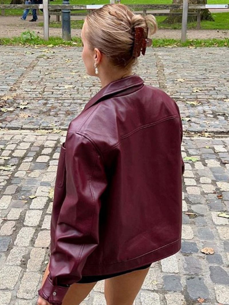 Veste Cuir Pu Col Rabattu Manches Longues Fermeture Éclair Streetwear Femme - Bourgogne