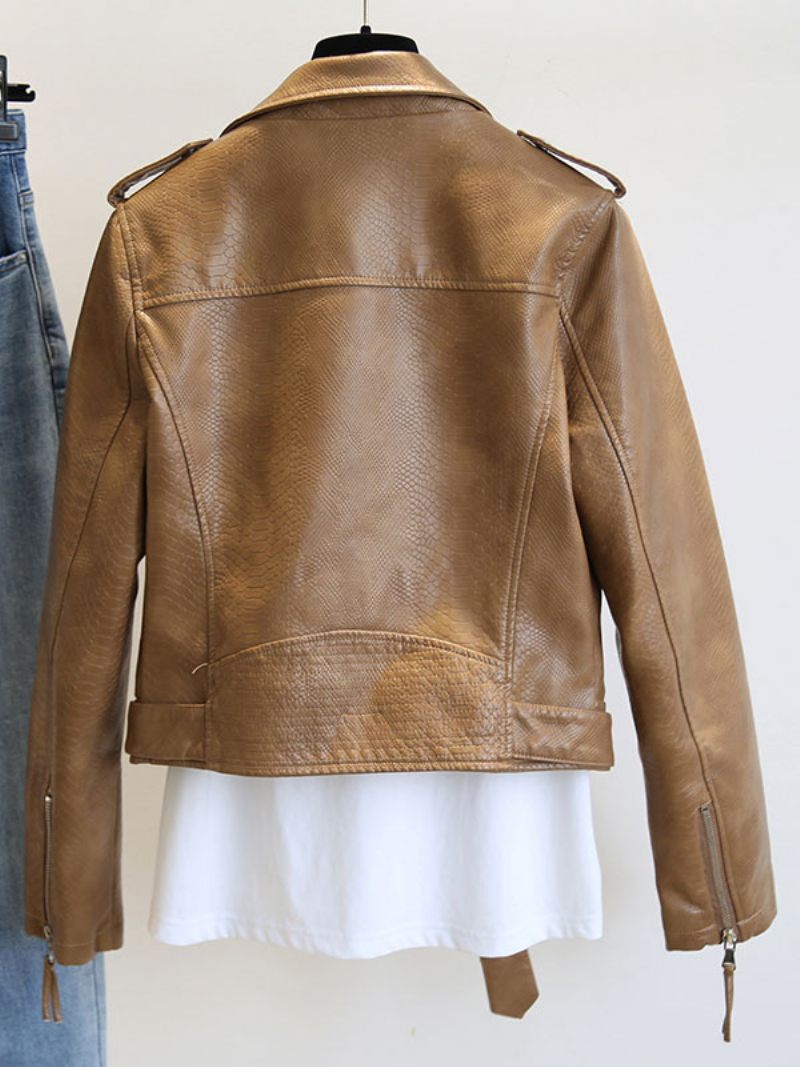 Veste Cuir Pu Col Rabattu Printemps Moto Vêtements D'extérieur Pour Femmes - Marron Café