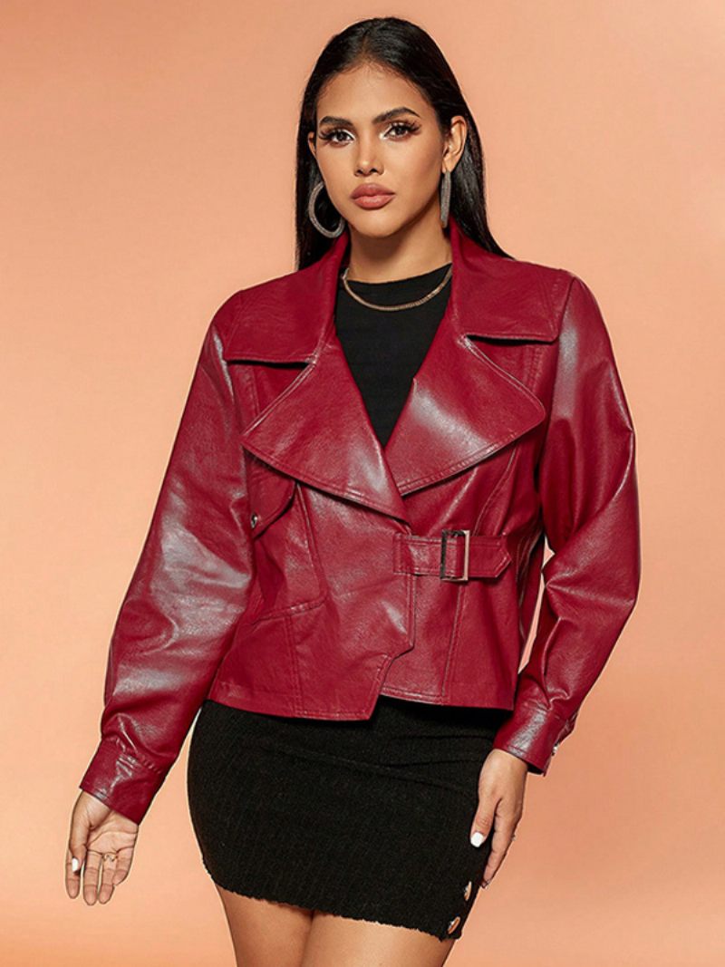 Veste Cuir Pu Pour Femme Revers Cranté Détails Métalliques - Rouge