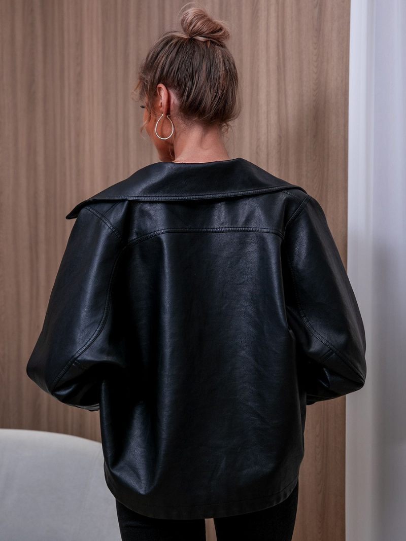 Veste Cuir Pu Pour Femme Revers Cranté Détails Métalliques - Noir