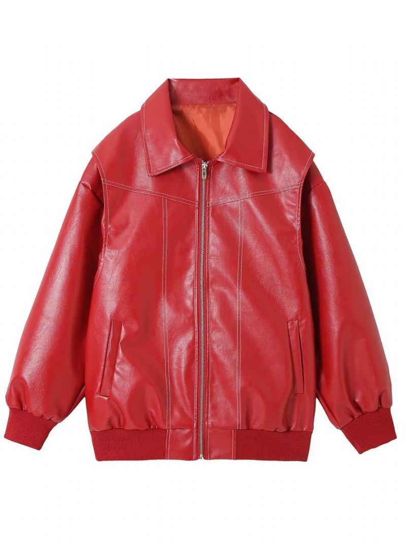 Veste Cuir Pu Rouge Pour Femmes Col Manches Longues Fermeture Éclair Vestes Décontractées Quotidiennes - Rouge