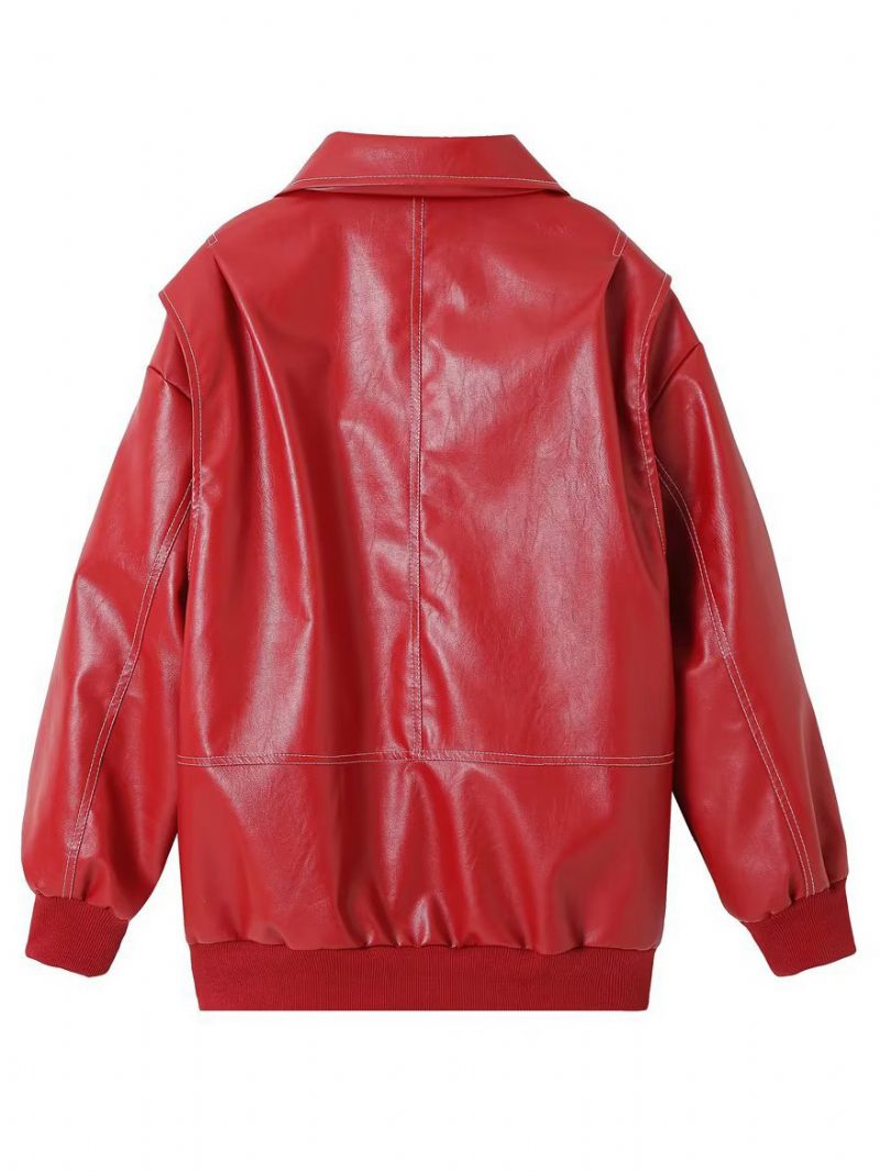 Veste Cuir Pu Rouge Pour Femmes Col Manches Longues Fermeture Éclair Vestes Décontractées Quotidiennes - Rouge