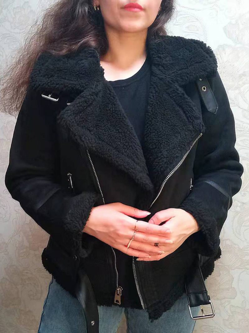 Veste Daim Manteau D'hiver Fausse Peau Mouton 2024 Vêtements D'extérieur Pour Femmes - Noir