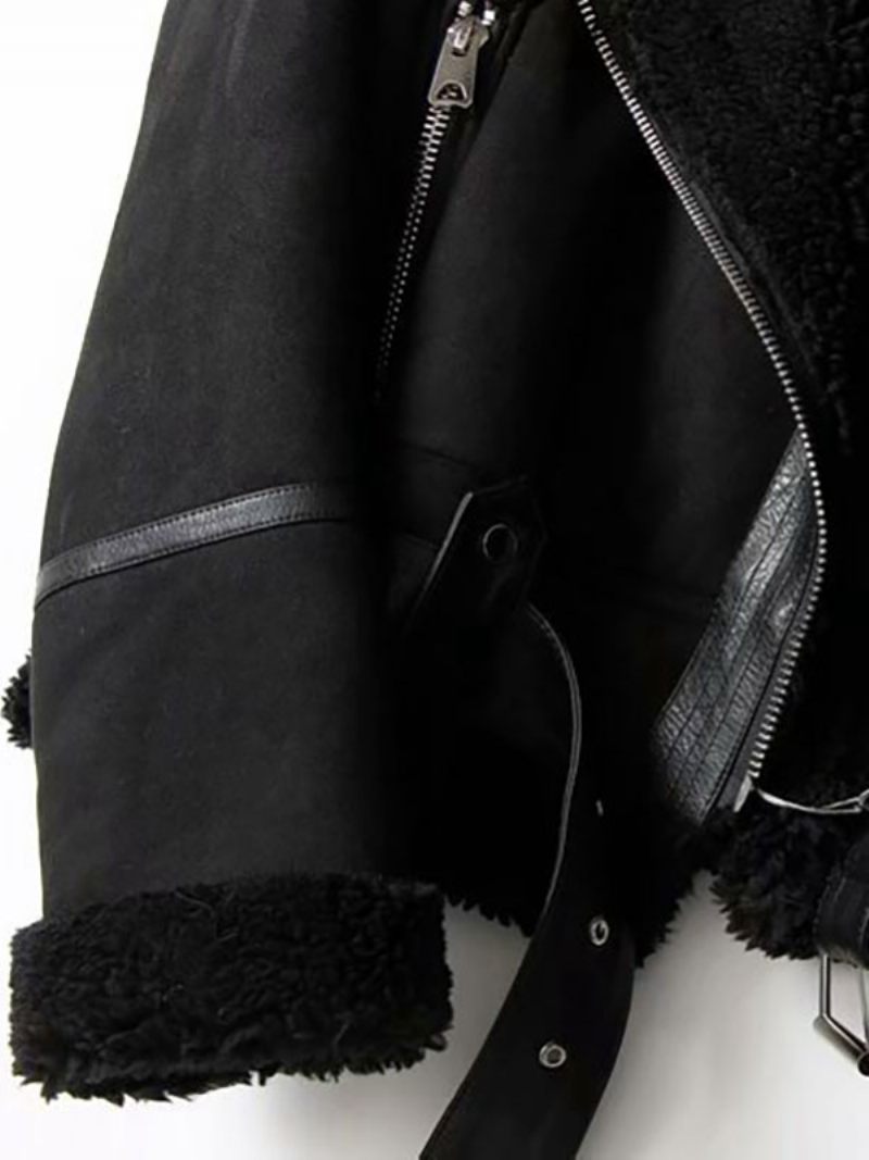 Veste Daim Manteau D'hiver Fausse Peau Mouton 2024 Vêtements D'extérieur Pour Femmes - Noir