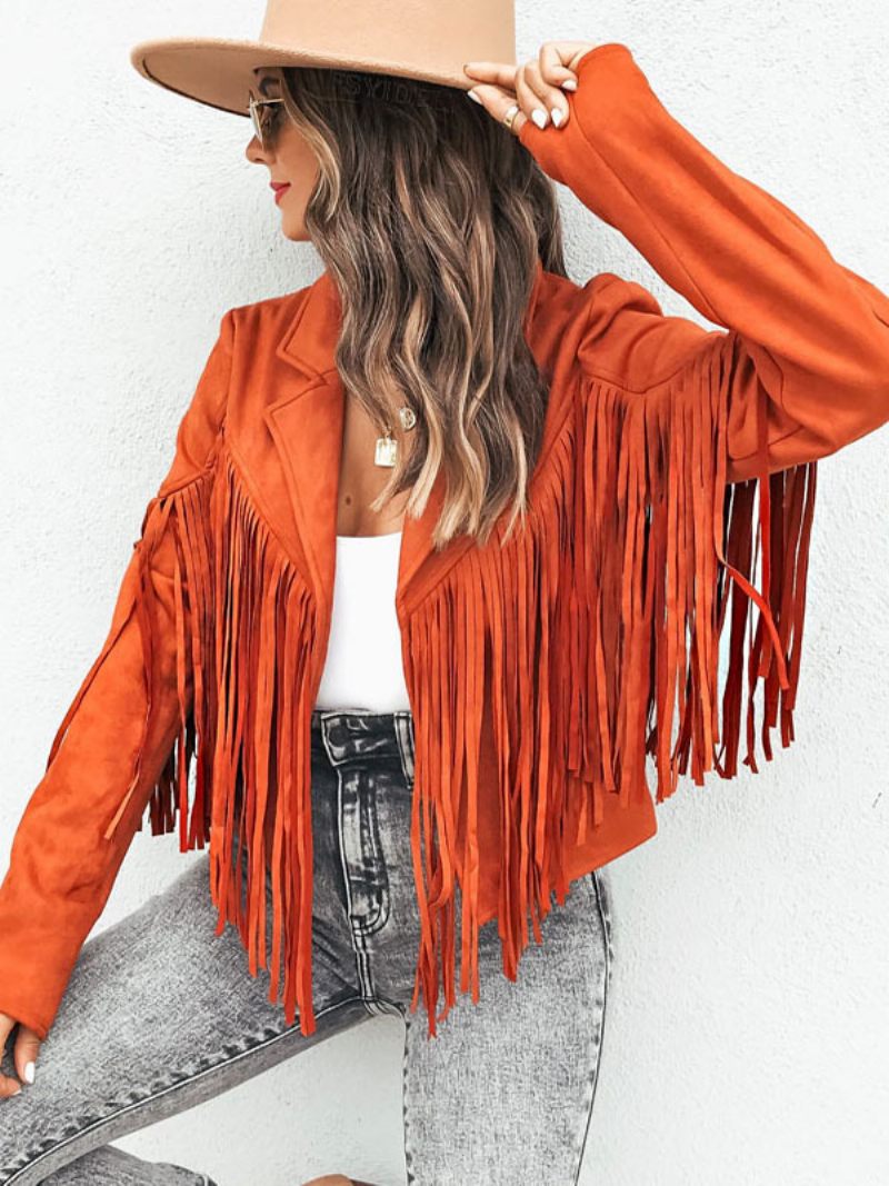 Veste Daim Noir Col Rabattu Frange Revers Taille Haute Couleur Unie Surdimensionné Coupe Décontractée Printemps Automne Vêtements D'extérieur Pour Femmes - Orange Rouge