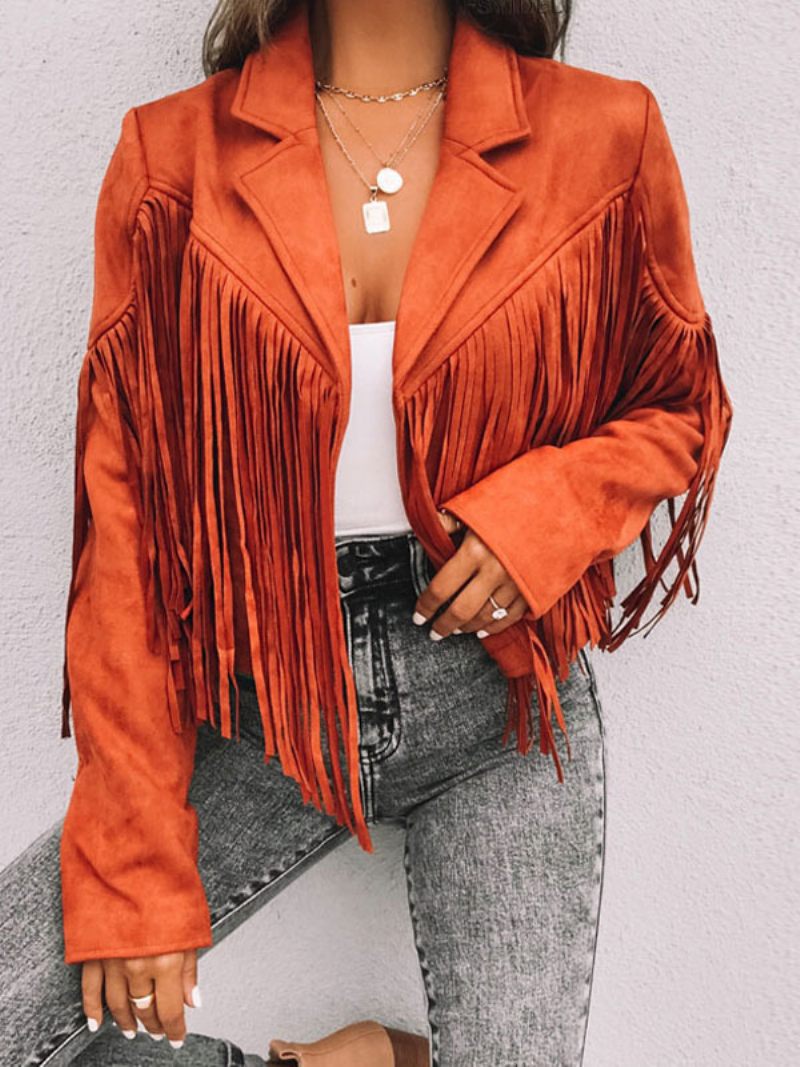 Veste Daim Noir Col Rabattu Frange Revers Taille Haute Couleur Unie Surdimensionné Coupe Décontractée Printemps Automne Vêtements D'extérieur Pour Femmes - Orange Rouge