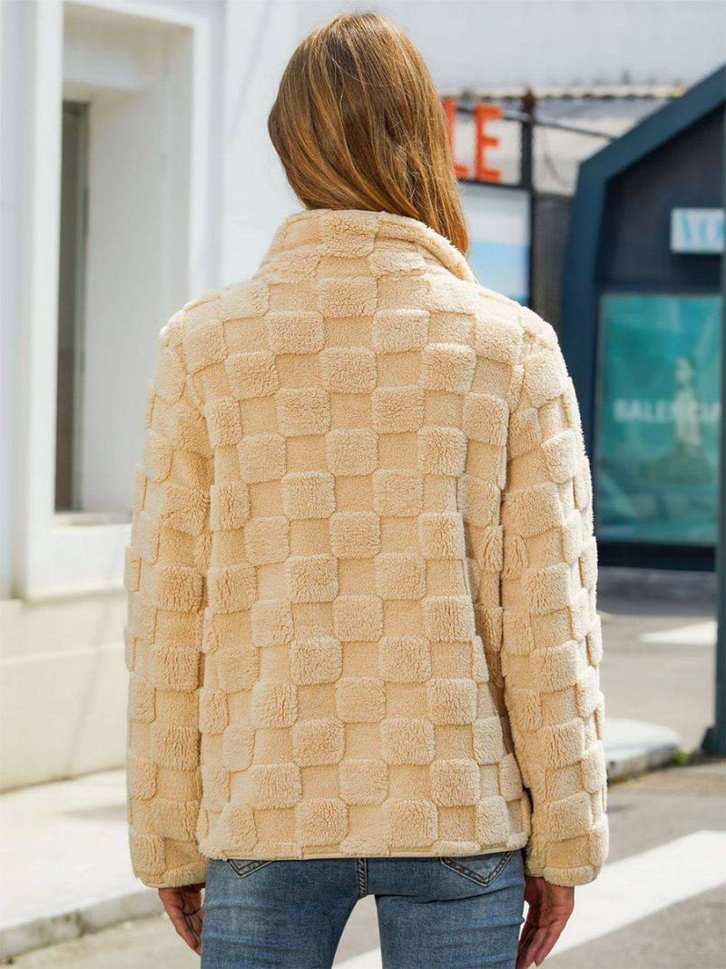 Veste Damier Col Montant Manches Longues Fermeture Éclair Vêtements D'extérieur Pour Femmes - Jaune Clair