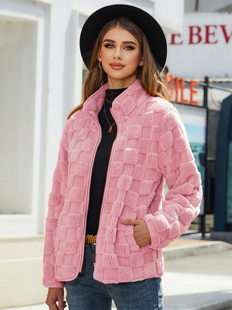 Veste Damier Col Montant Manches Longues Fermeture Éclair Vêtements D'extérieur Pour Femmes - Rose