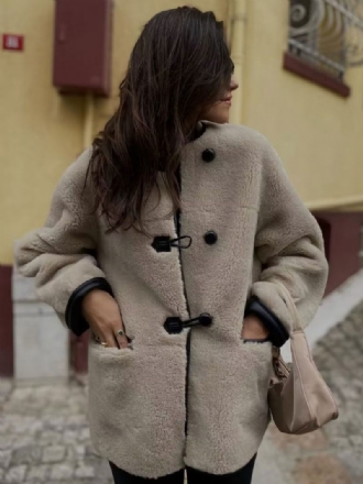 Veste Fausse Fourrure Col Rond Bouton Avant Manteau Surdimensionné Pour Femme