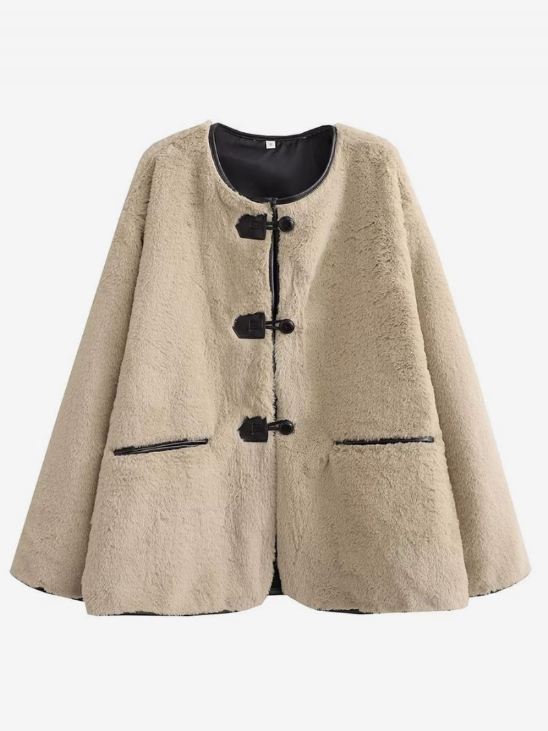 Veste Fausse Fourrure Col Rond Bouton Avant Manteau Surdimensionné Pour Femme - Beige