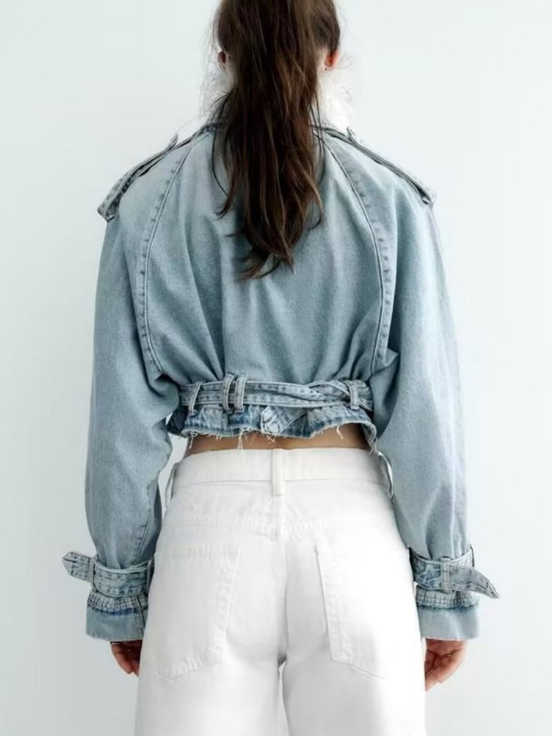 Veste Femme Col Rabattu Ceinture Denim - Bleu Ciel Clair