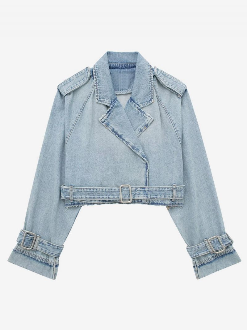 Veste Femme Col Rabattu Ceinture Denim - Bleu Ciel Clair