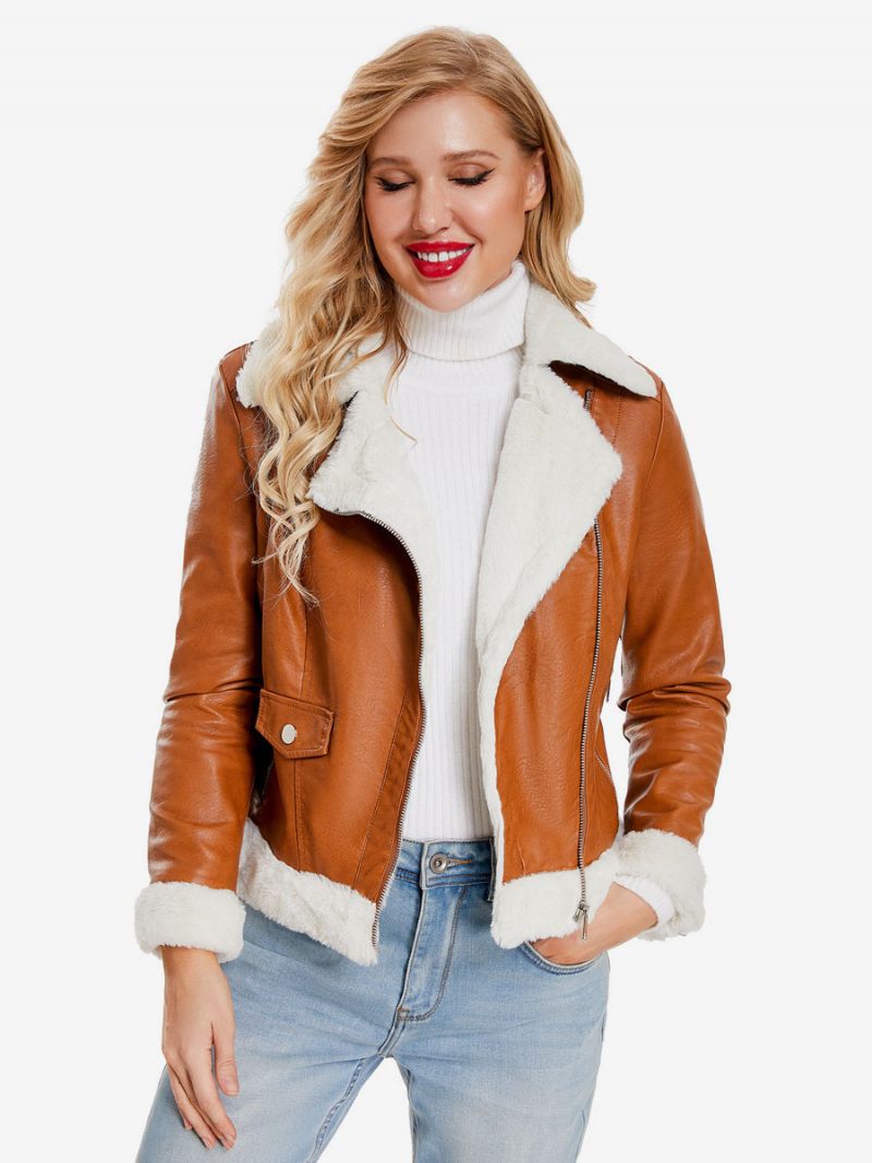 Veste Femme Col Rabattu Fausse Fourrure Bicolore Manteau Cuir Pu - Camel