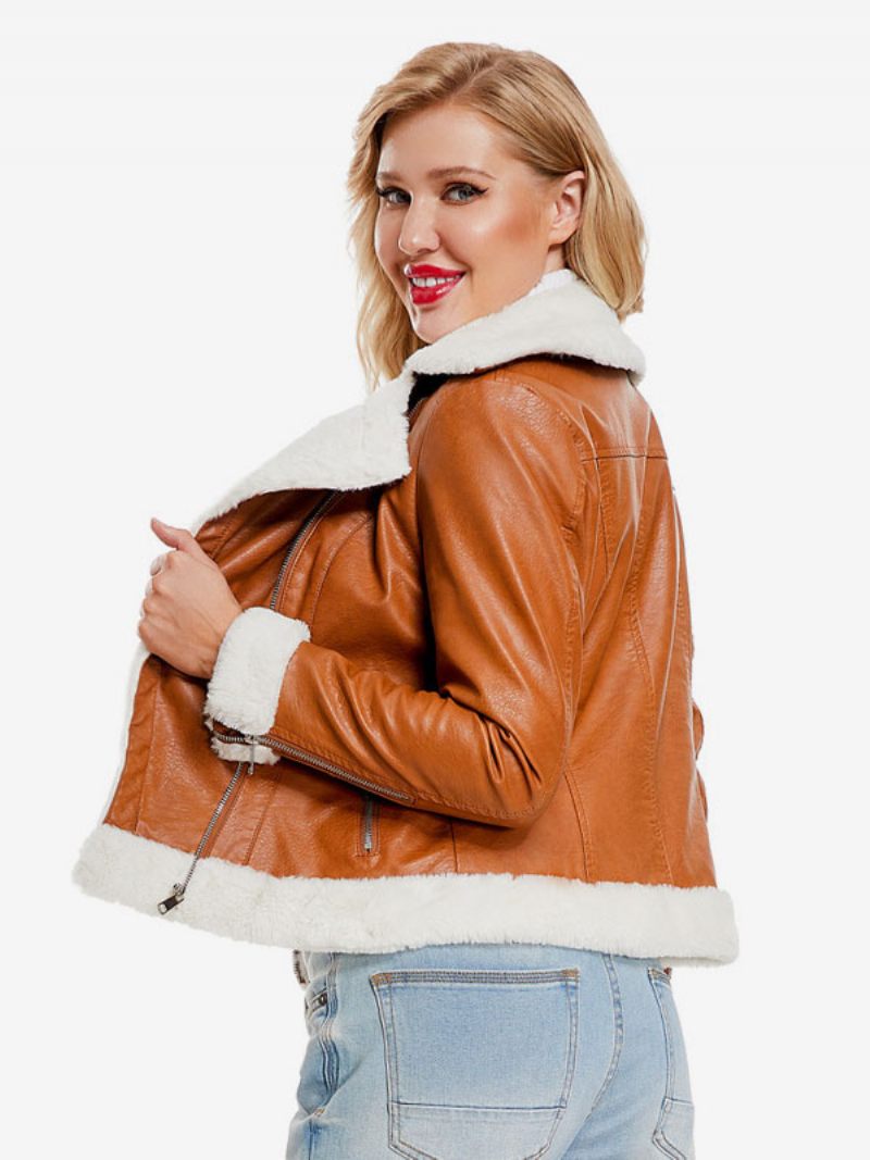 Veste Femme Col Rabattu Fausse Fourrure Bicolore Manteau Cuir Pu - Camel