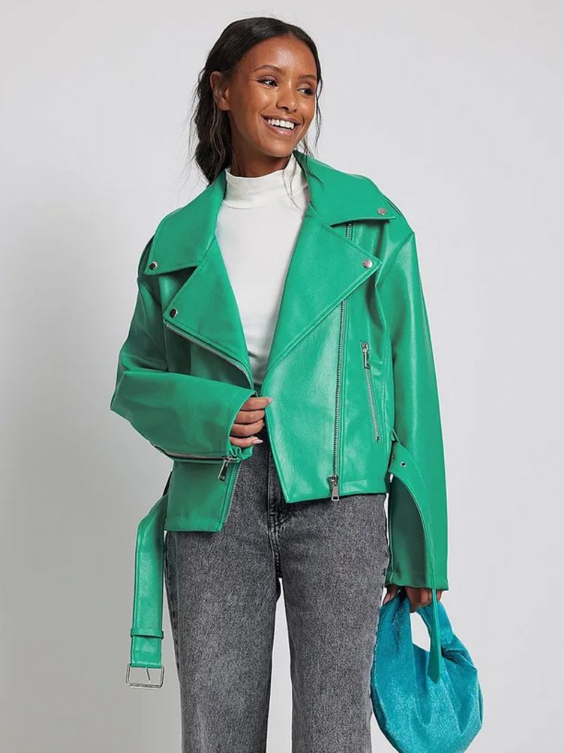 Veste Femme Col Rabattu Fermeture Éclair Vêtements D'extérieur Cuir Pu - Vert