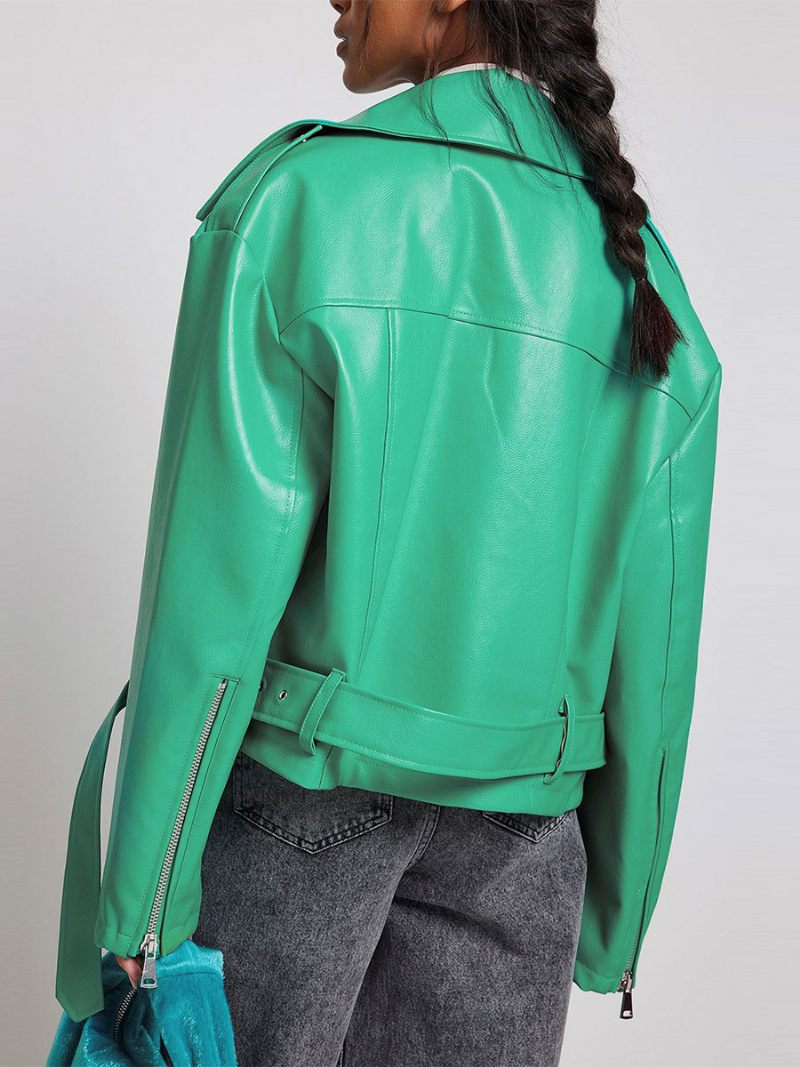 Veste Femme Col Rabattu Fermeture Éclair Vêtements D'extérieur Cuir Pu - Vert