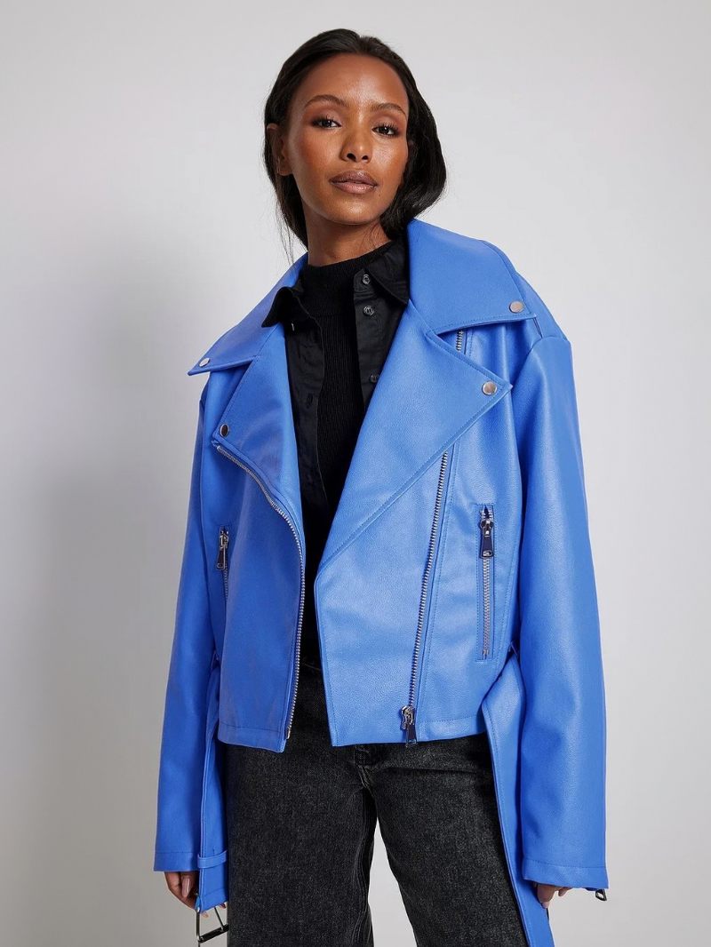 Veste Femme Col Rabattu Fermeture Éclair Vêtements D'extérieur Cuir Pu - Bleu