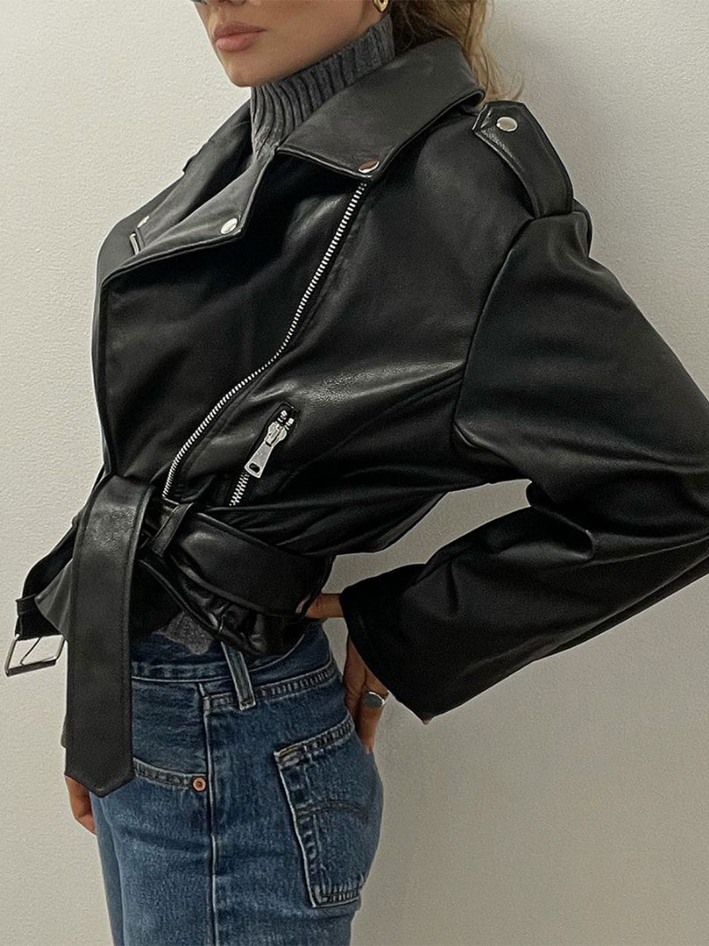 Veste Femme Col Rabattu Fermeture Éclair Vêtements D'extérieur Cuir Pu - Noir