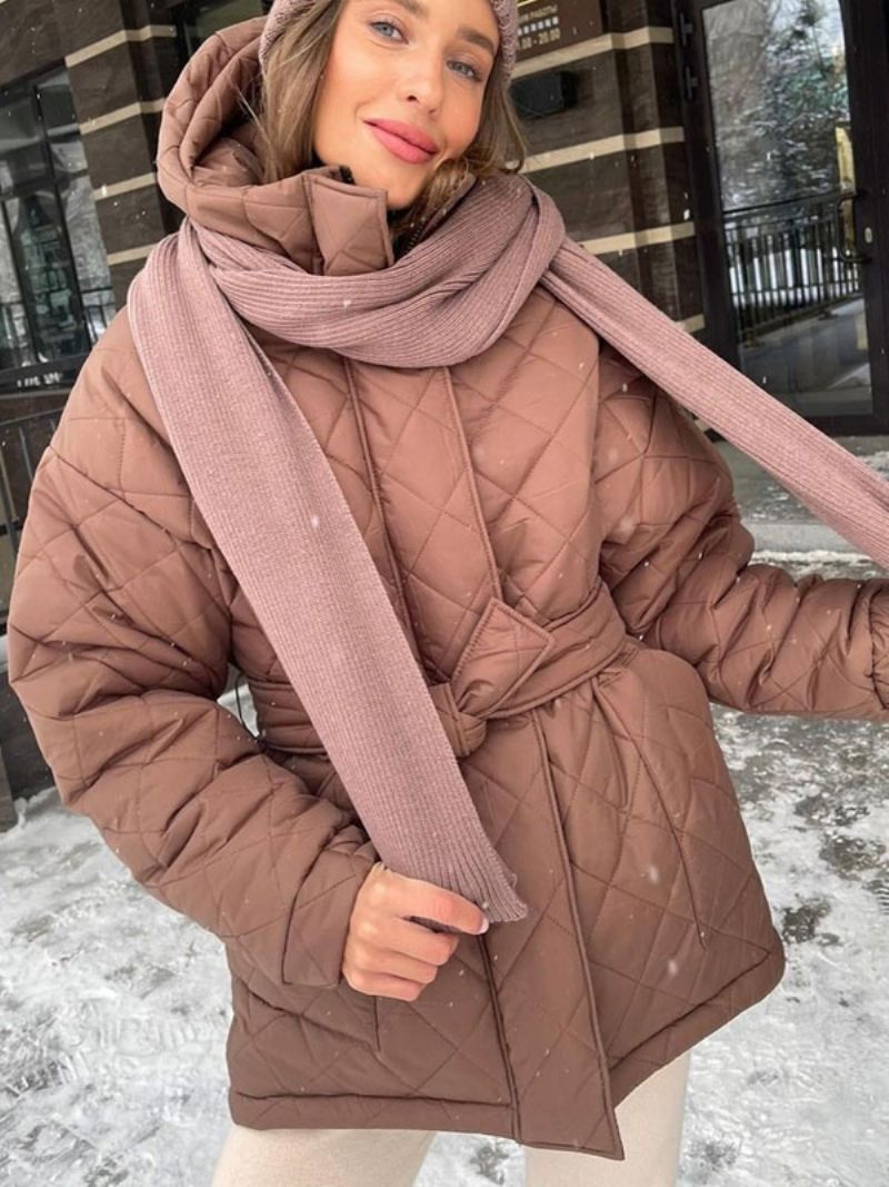 Veste Matelassée À Capuche Et Ceinture Coton Vêtements D'extérieur D'hiver Pour Femmes - Rouge Foncé